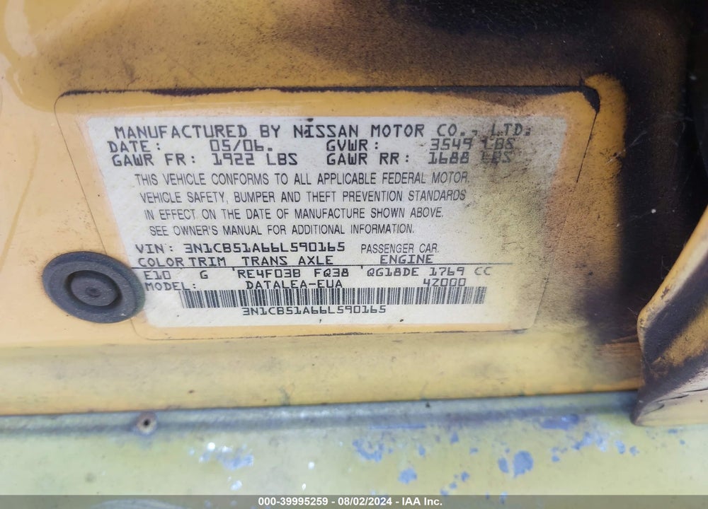 2006 NISSAN SENTRA 1.8S VIN: 3N1CB51A66L590165