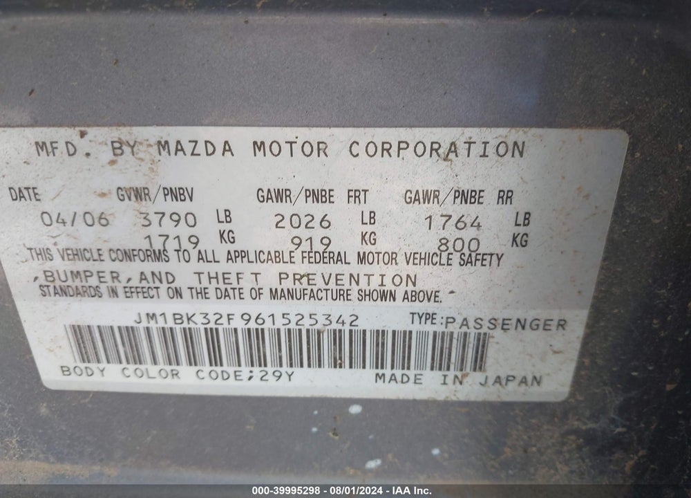 2006 MAZDA 3 I VIN: JM1BK32F961525342