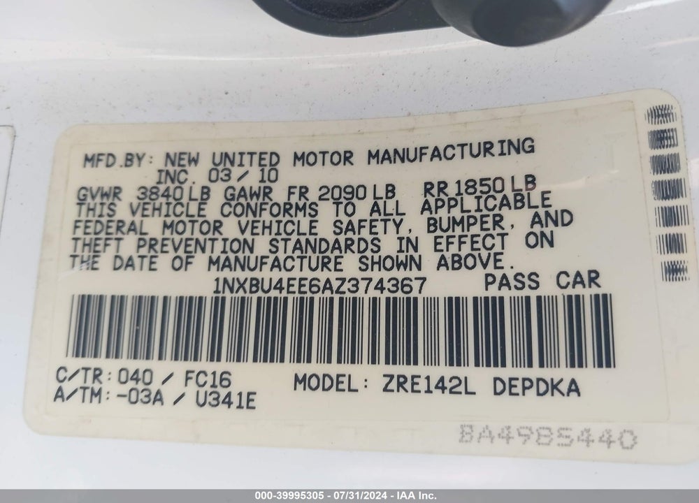 2010 TOYOTA COROLLA LE VIN: 1NXBU4EE6AZ374367