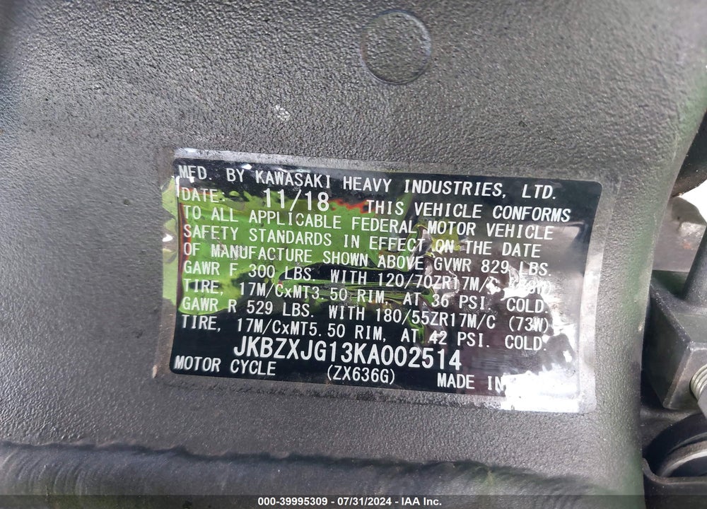 2019 KAWASAKI ZX636 K VIN: JKBZXJG13KA002514