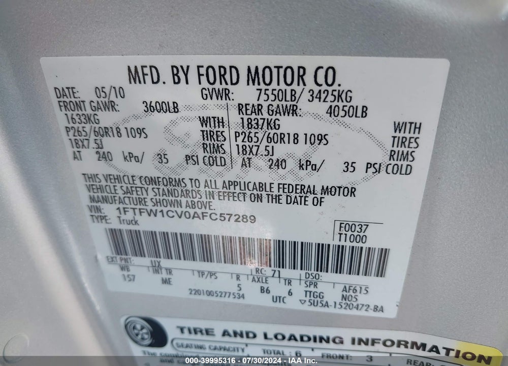 2010 FORD F-150 FX2 SPORT/HARLEY-DAVIDSON/KING RANCH/LARIAT/PLATINUM/XL/XLT VIN: 1FTFW1CV0AFC57289