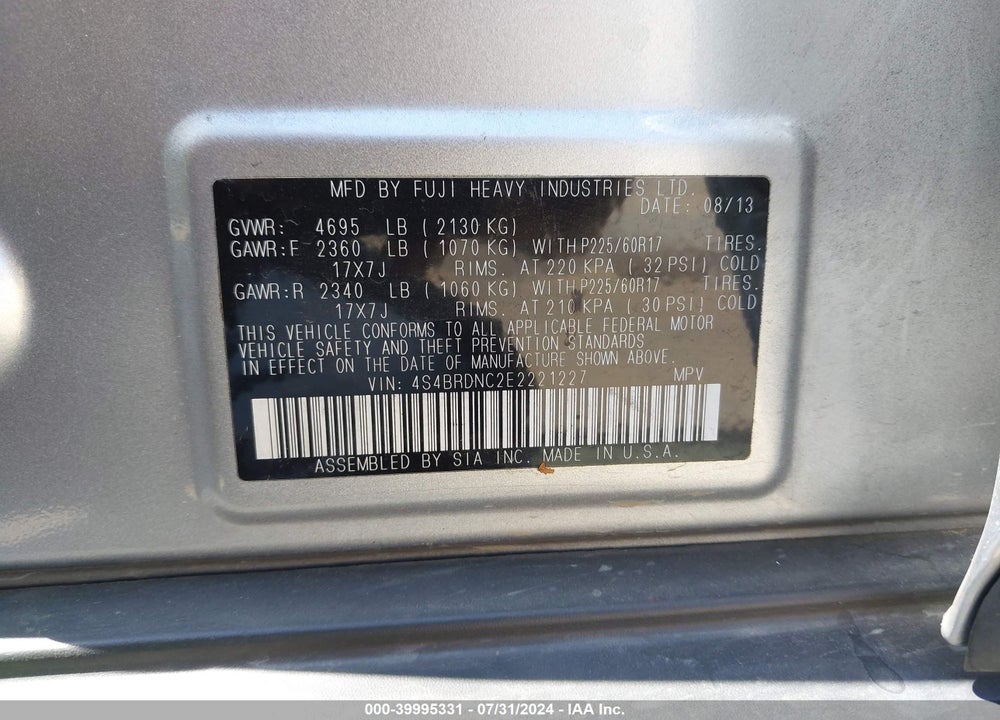 2014 SUBARU OUTBACK 3.6R LIMITED VIN: 4S4BRDNC2E2221227