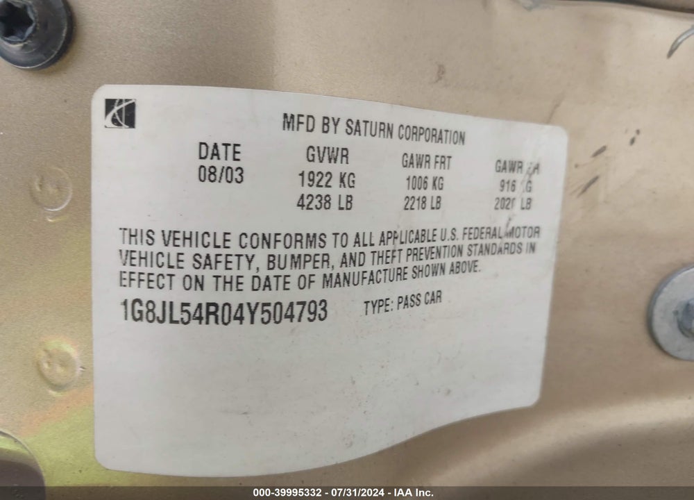 2004 SATURN L300 3 VIN: 1G8JL54R04Y504793