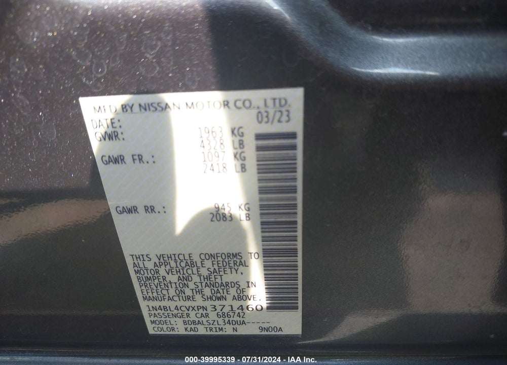 2023 NISSAN ALTIMA SR FWD VIN: 1N4BL4CVXPN371460