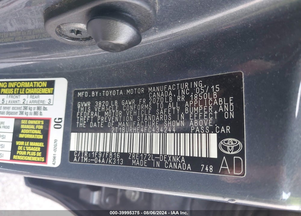 2015 TOYOTA COROLLA LE VIN: 2T1BURHE4FC434244