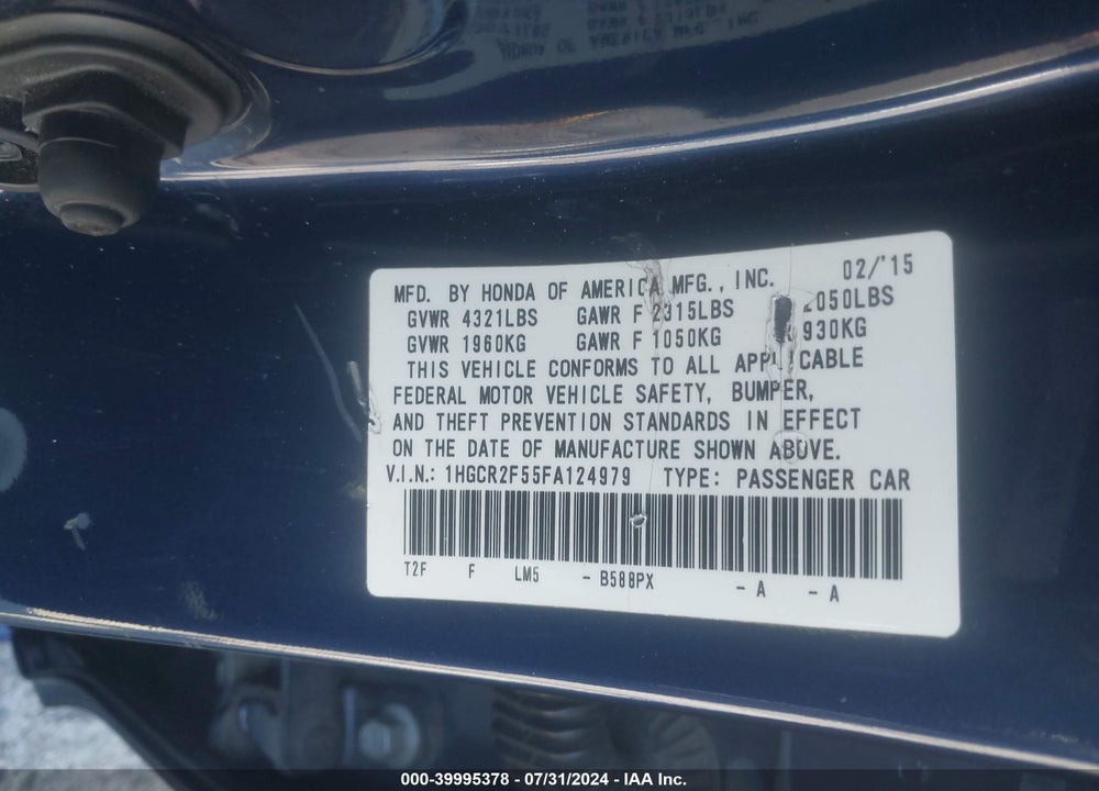 2015 HONDA ACCORD SPORT VIN: 1HGCR2F55FA124979