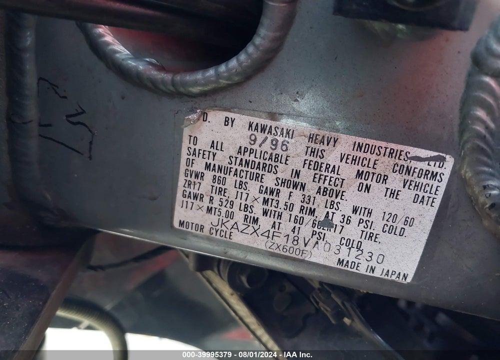 1997 KAWASAKI ZX600 F VIN: JKAZX4F18VA031230