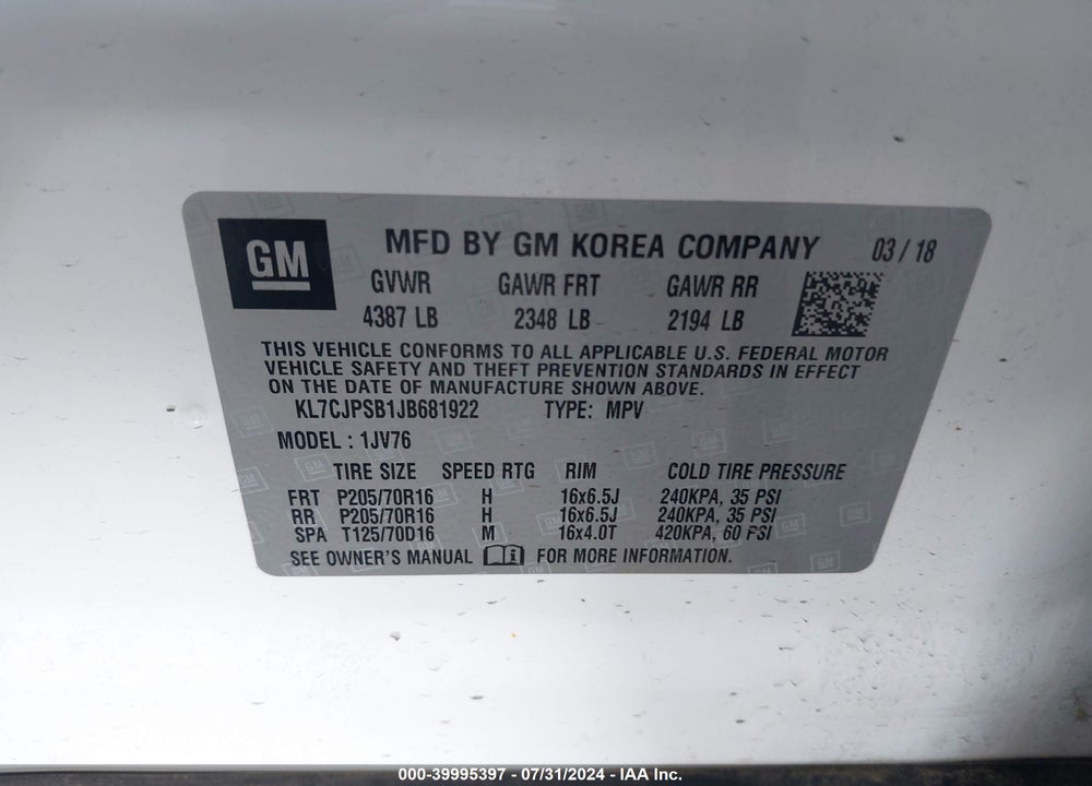 2018 CHEVROLET TRAX LT VIN: KL7CJPSB1JB681922