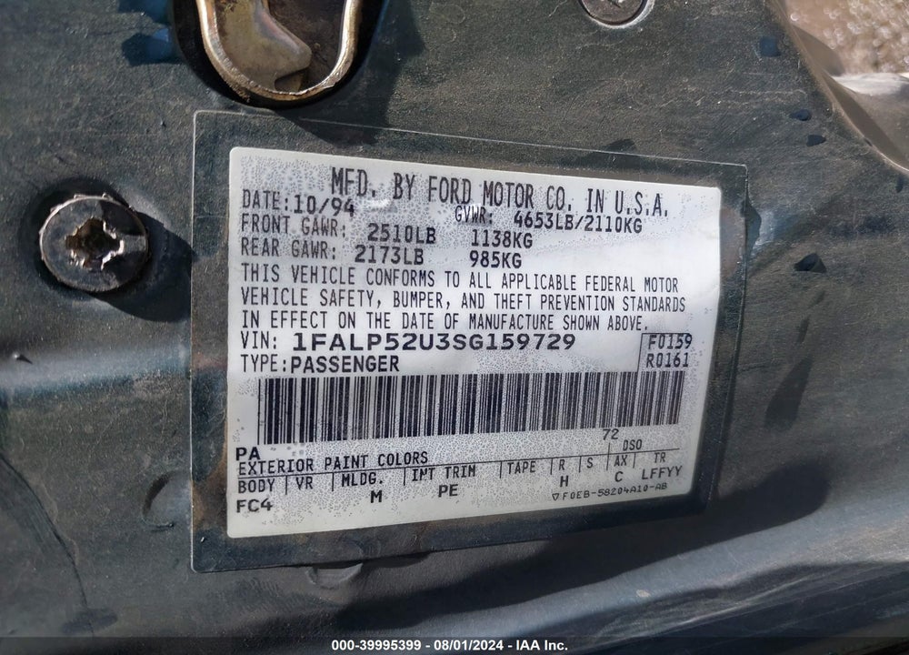 1995 FORD TAURUS GL/SE VIN: 1FALP52U3SG159729