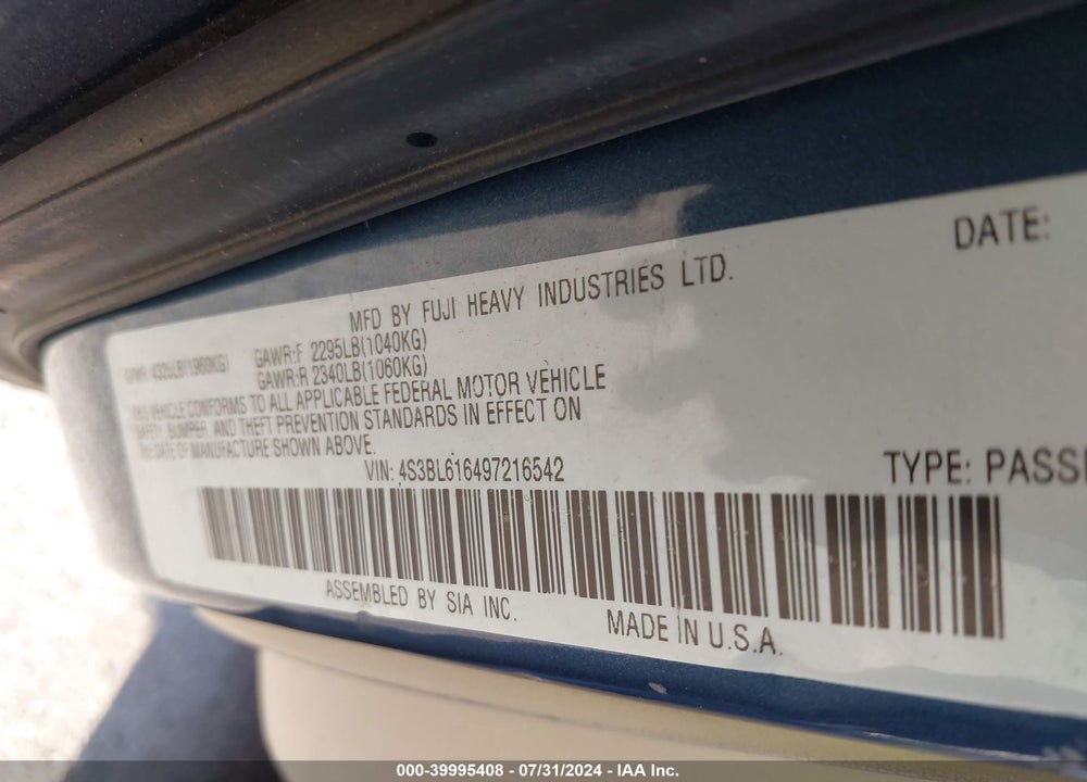 2009 SUBARU LEGACY 2.5I VIN: 4S3BL616497216542