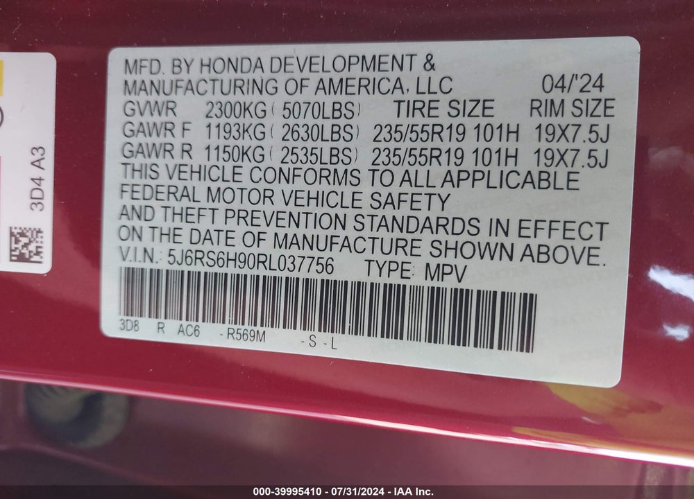 2024 HONDA CR-V HYBRID SPORT TOURING VIN: 5J6RS6H90RL037756