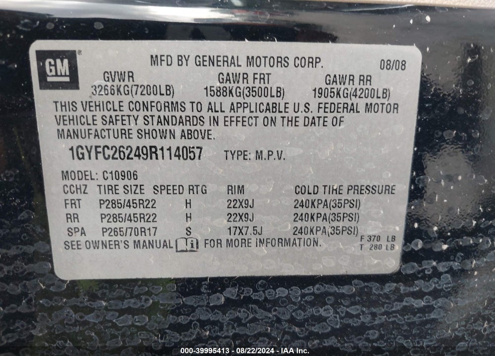 2009 CADILLAC ESCALADE ESV STANDARD VIN: 1GYFC26249R114057