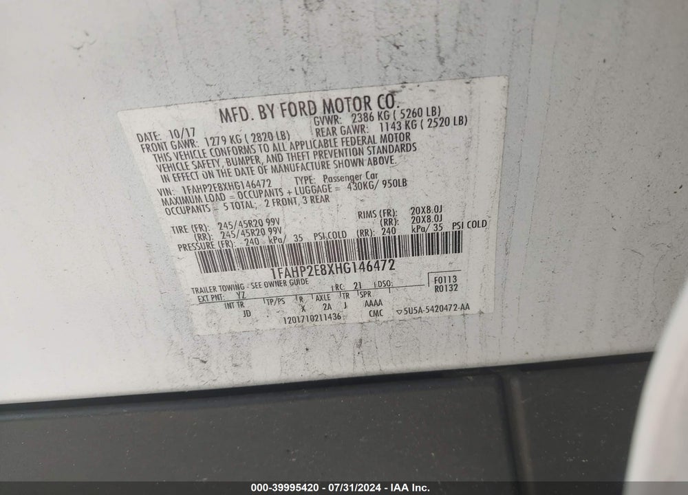 2017 FORD TAURUS SEL VIN: 1FAHP2E8XHG146472