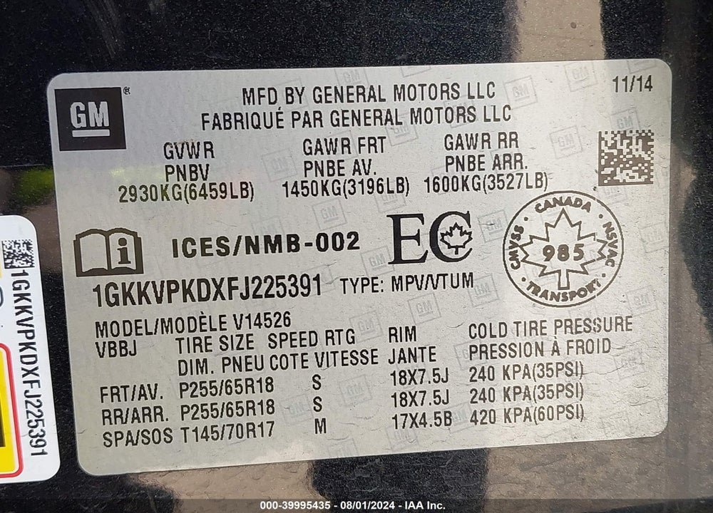 2015 GMC ACADIA SLE-2 VIN: 1GKKVPKDXFJ225391