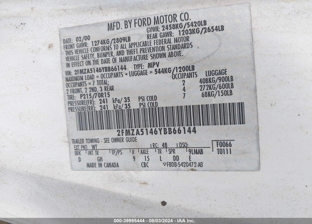 2000 FORD WINDSTAR LX VIN: 2FMZA5146YBB66144
