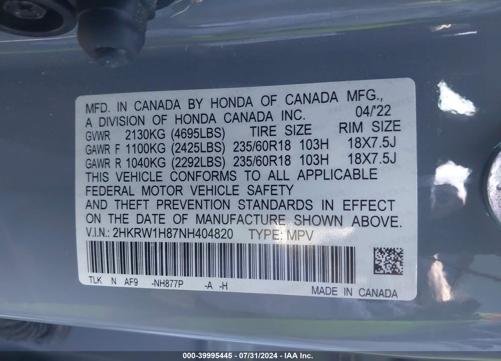 2022 HONDA CR-V 2WD EX-L VIN: 2HKRW1H87NH404820