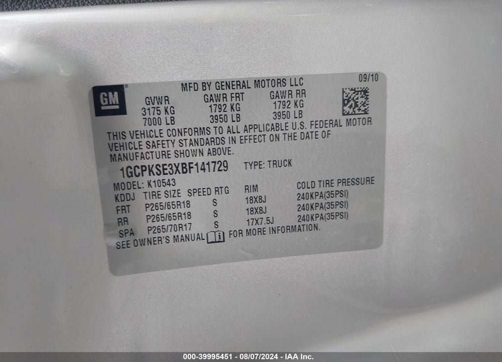 2011 CHEVROLET SILVERADO 1500 LT VIN: 1GCPKSE3XBF141729