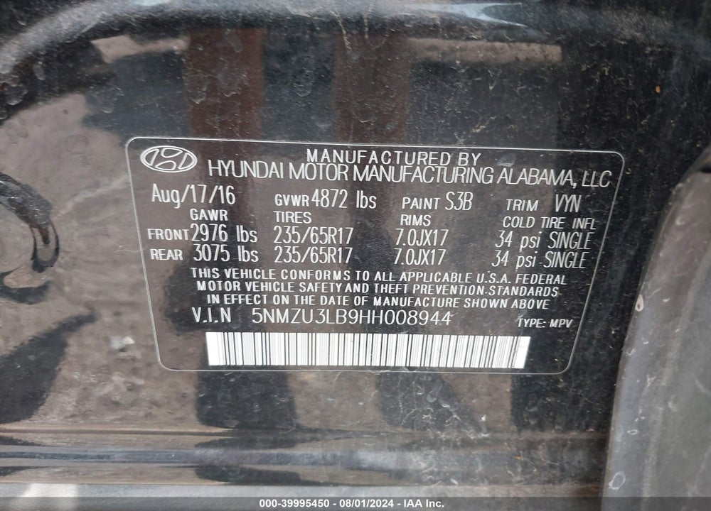 2017 HYUNDAI SANTA FE SPORT 2.4L VIN: 5NMZU3LB9HH008944