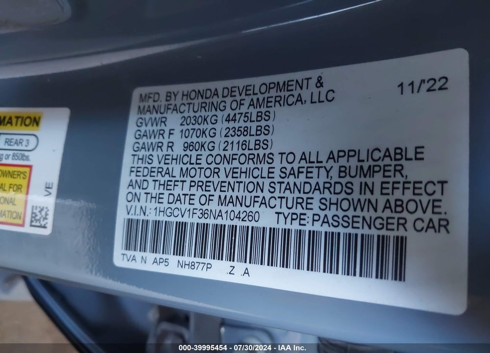 2022 HONDA ACCORD SPORT VIN: 1HGCV1F36NA104260
