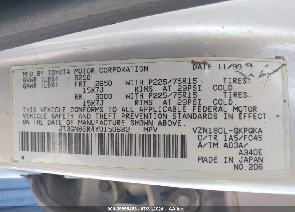 2000 TOYOTA 4RUNNER SR5 V6 VIN: JT3GN86R4Y0150682