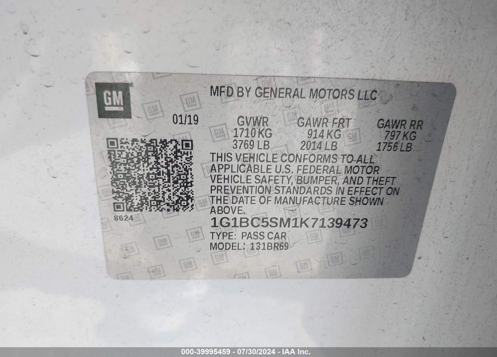 2019 CHEVROLET CRUZE LS VIN: 1G1BC5SM1K7139473
