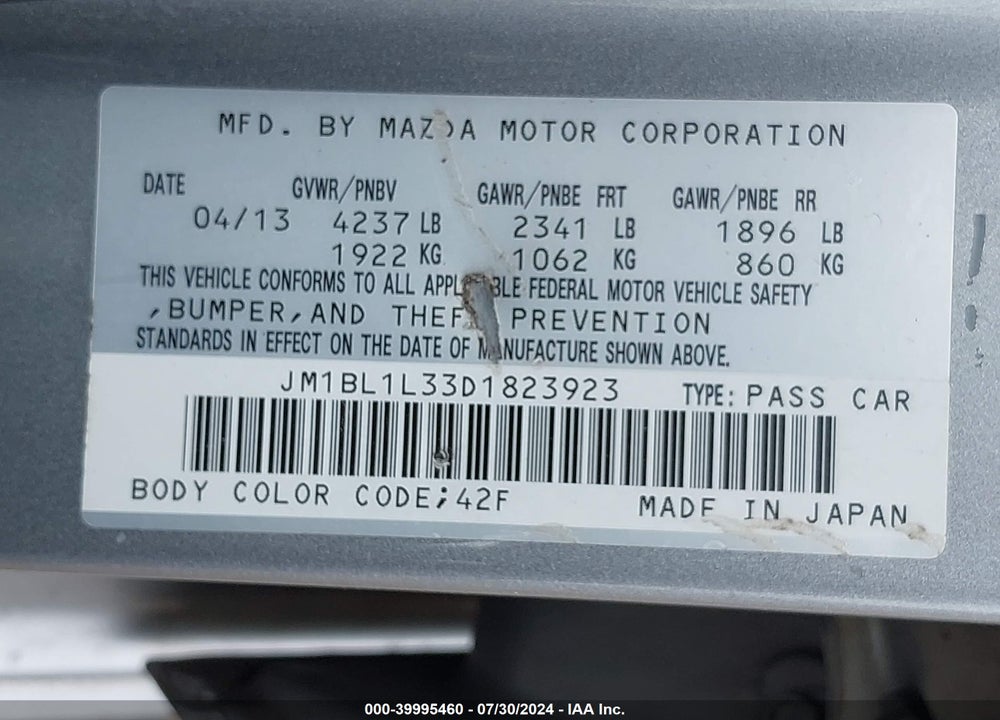 2013 MAZDA SPEED3 TOURING VIN: JM1BL1L33D1823923
