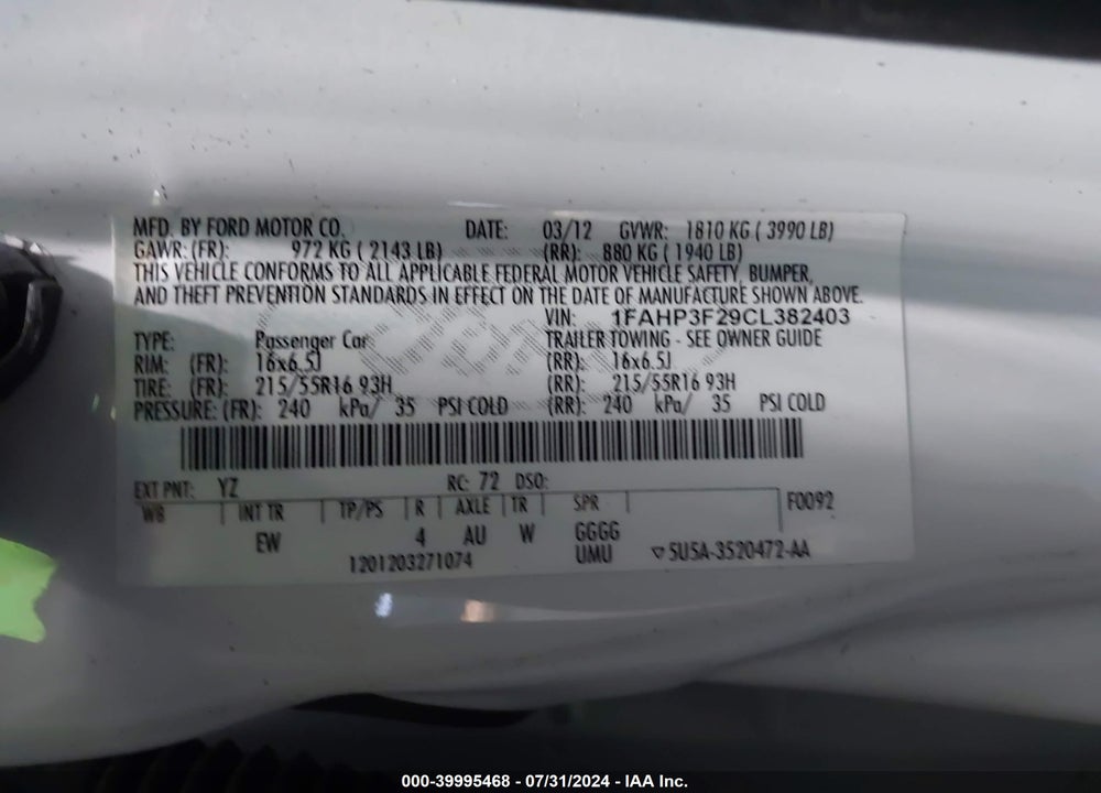 2012 FORD FOCUS SE VIN: 1FAHP3F29CL382403