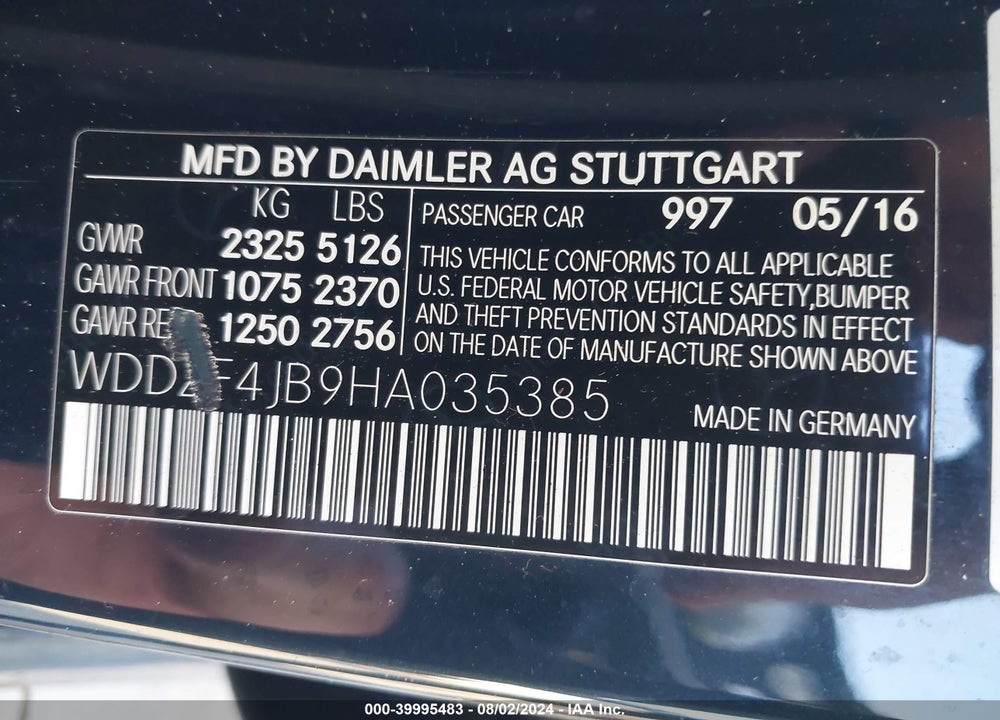 2017 MERCEDES-BENZ E 300 VIN: WDDZF4JB9HA035385