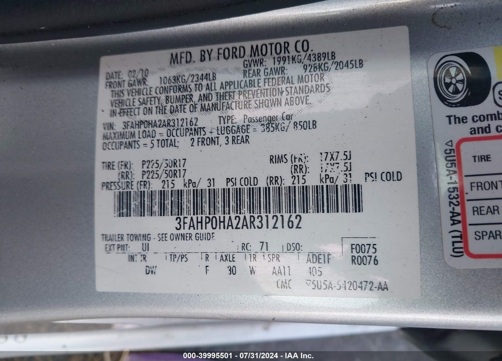 2010 FORD FUSION SE VIN: 3FAHP0HA2AR312162