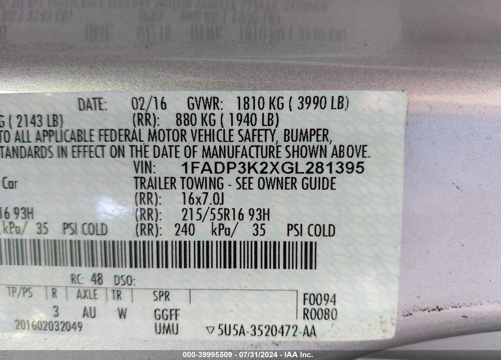 2016 FORD FOCUS SE VIN: 1FADP3K2XGL281395