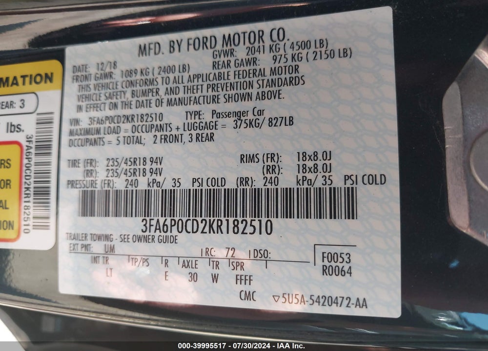 2019 FORD FUSION SEL VIN: 3FA6P0CD2KR182510