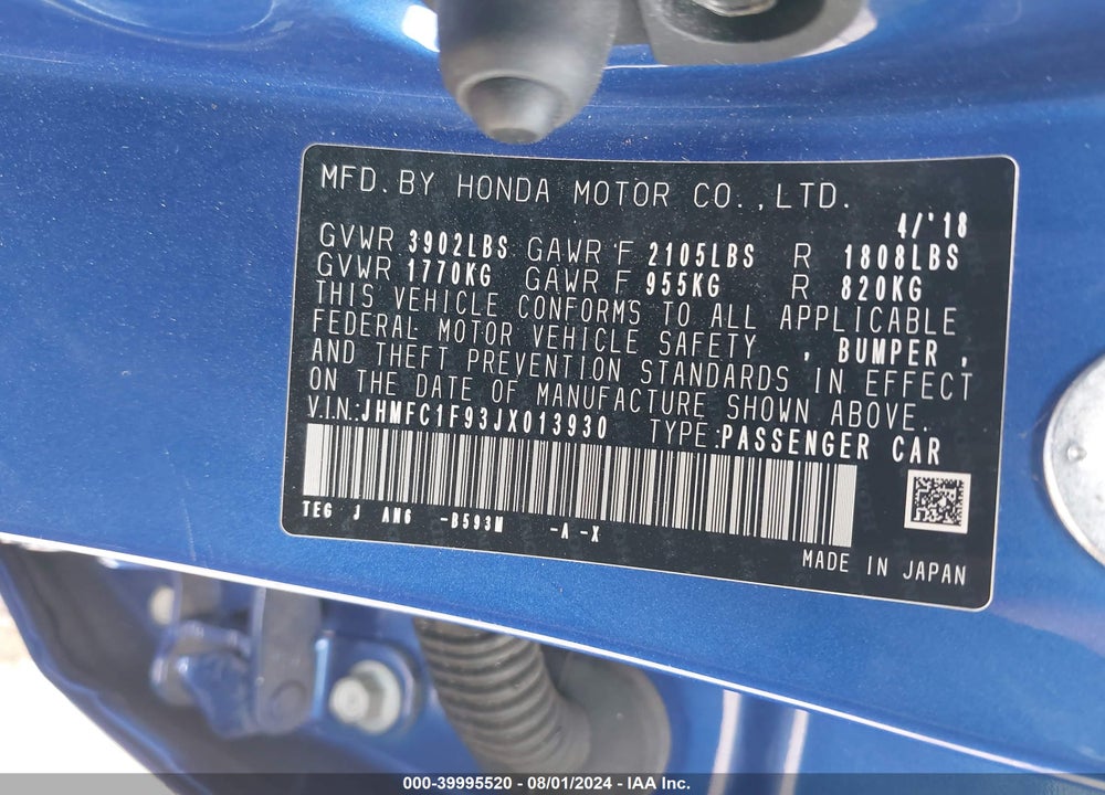 2018 HONDA CIVIC TOURING VIN: JHMFC1F93JX013930