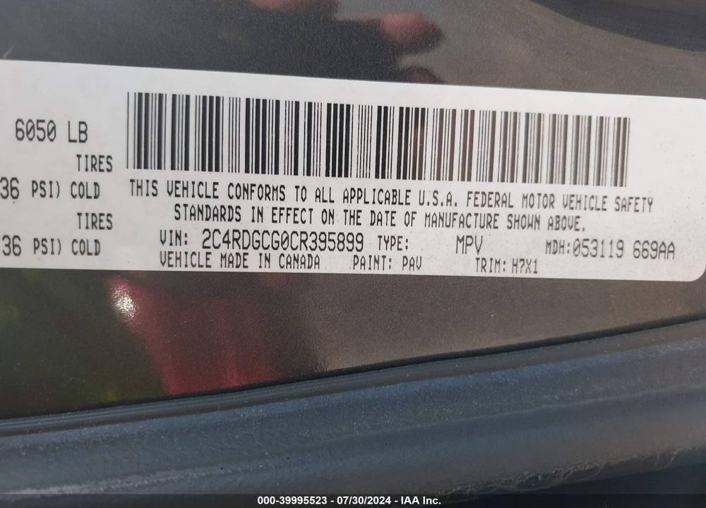 2012 DODGE GRAND CARAVAN SXT VIN: 2C4RDGCG0CR395899