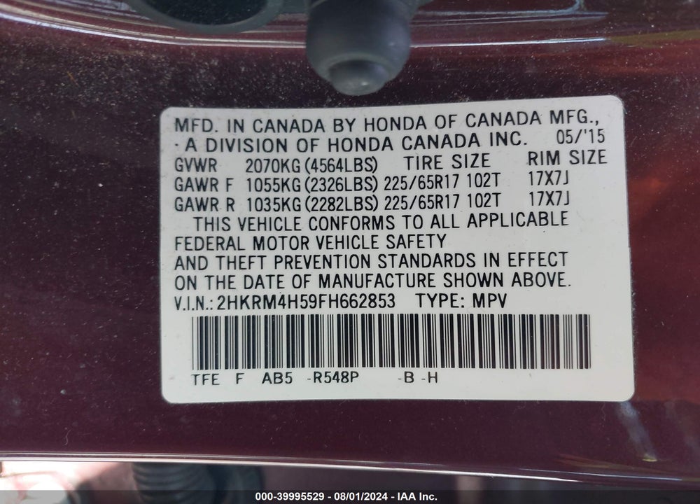2015 HONDA CR-V EX VIN: 2HKRM4H59FH662853