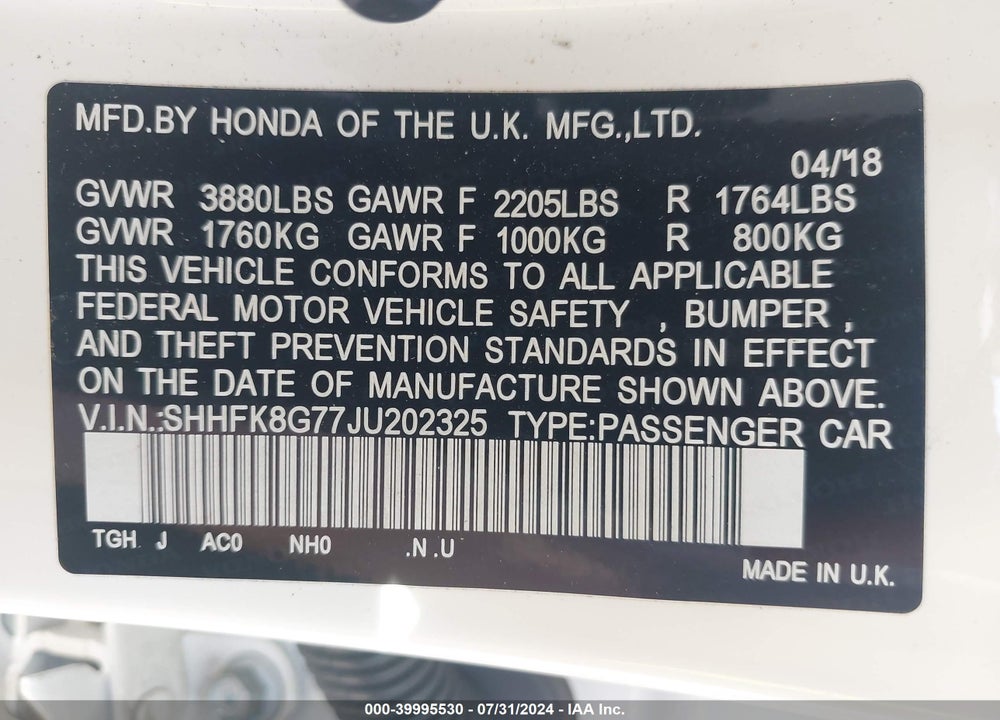 2018 HONDA CIVIC TYPE-R TOURING VIN: SHHFK8G77JU202325