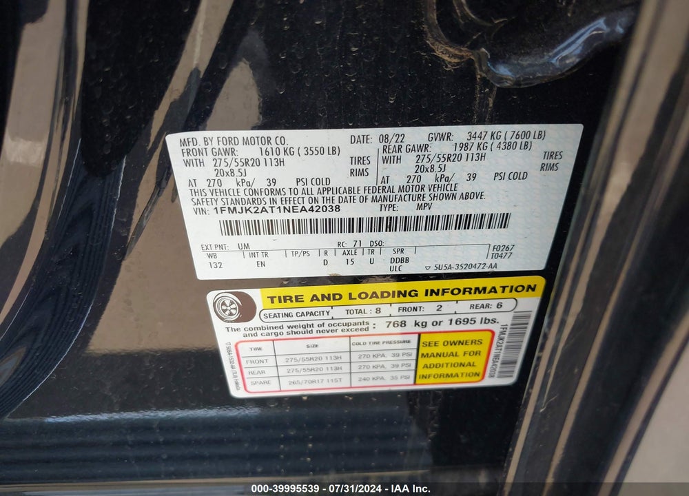 2022 FORD EXPEDITION VIN: 1FMJK2AT1NEA42038
