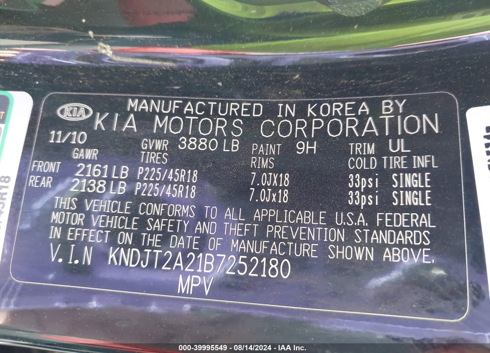 2011 KIA SOUL SPORT VIN: KNDJT2A21B7252180