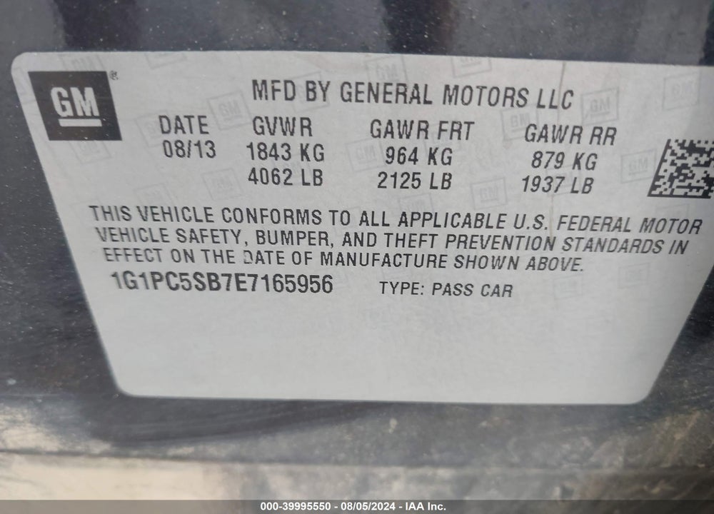 2014 CHEVROLET CRUZE 1LT AUTO VIN: 1G1PC5SB7E7165956
