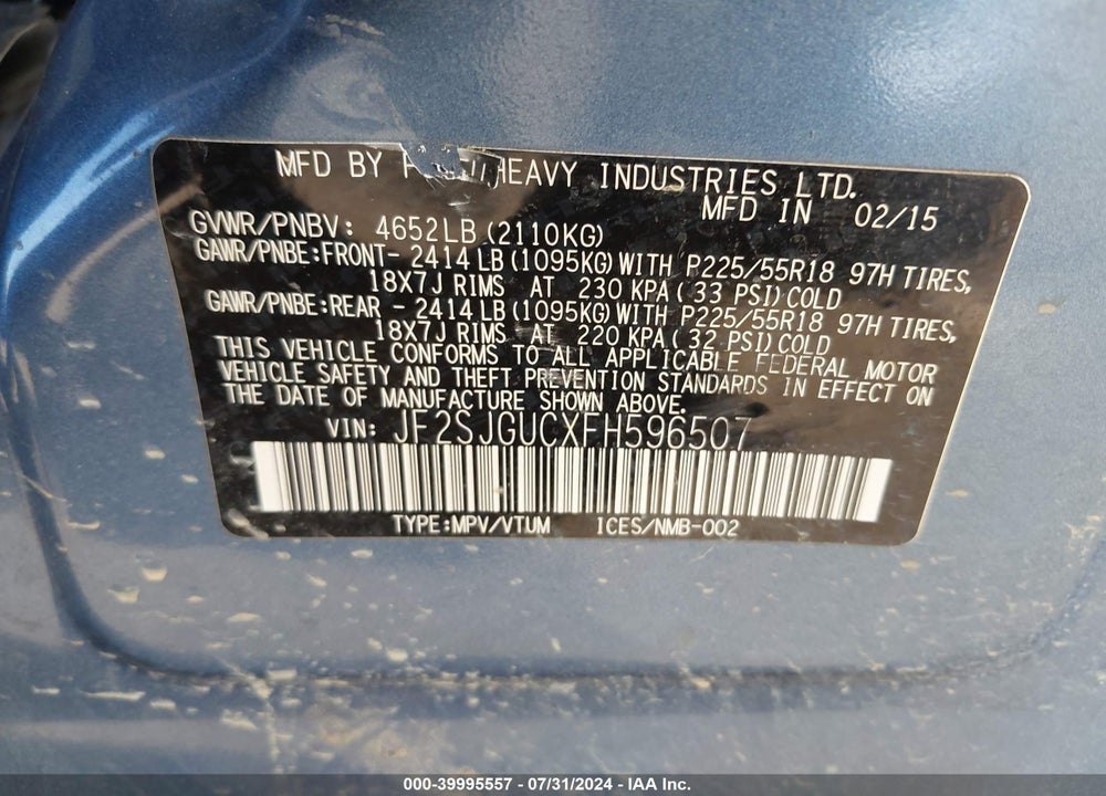 2015 SUBARU FORESTER 2.0XT TOURING VIN: JF2SJGUCXFH596507