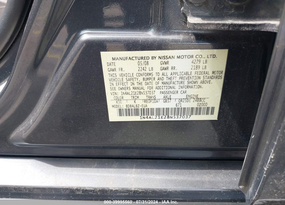 2008 NISSAN ALTIMA 2.5 S VIN: 1N4AL21E28N537037
