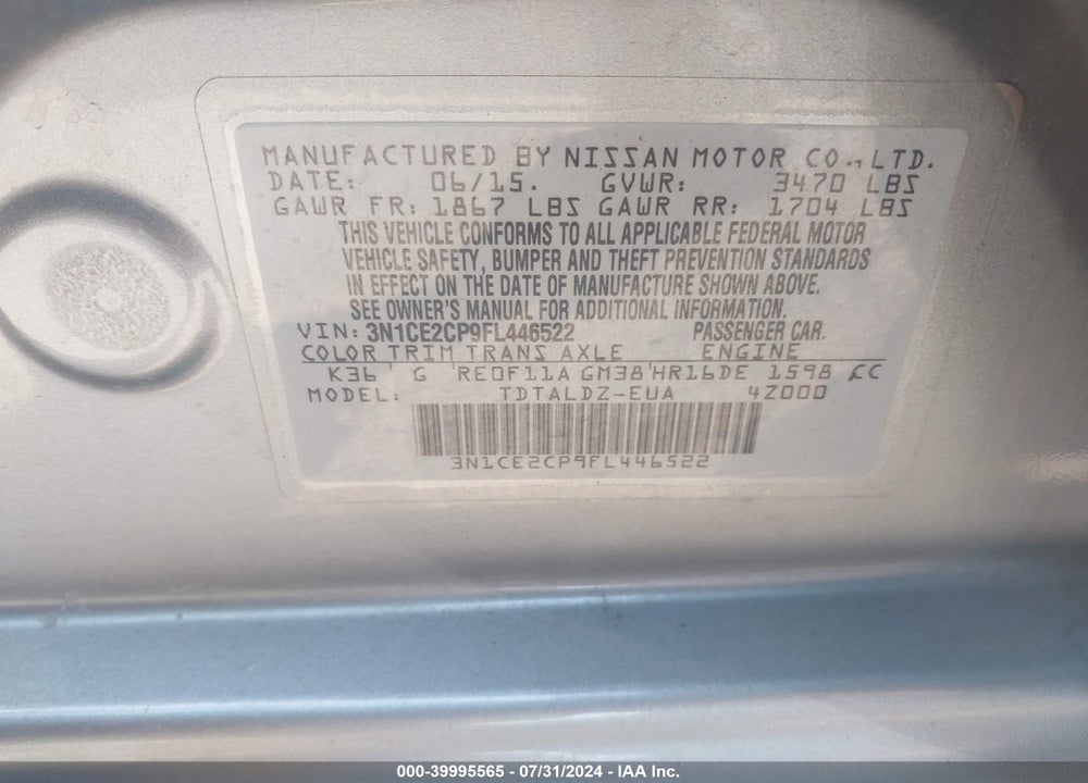 2015 NISSAN VERSA NOTE SV VIN: 3N1CE2CP9FL446522