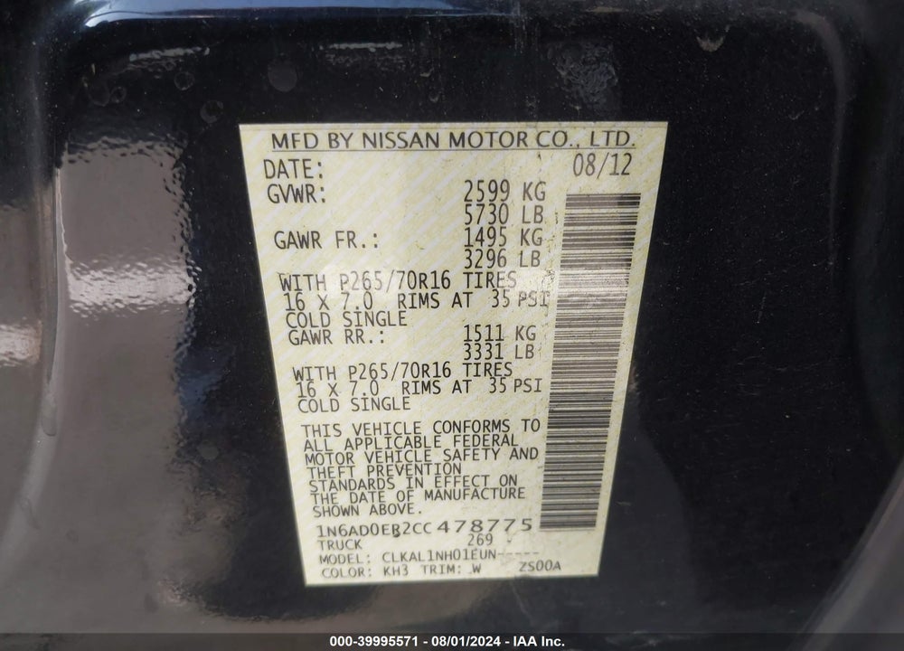 2012 NISSAN FRONTIER S VIN: 1N6AD0ER2CC478775