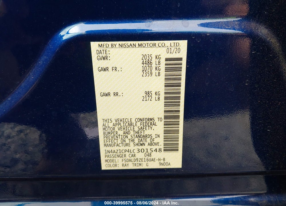 2020 NISSAN LEAF SV 40 KWH VIN: 1N4AZ1CP4LC301548