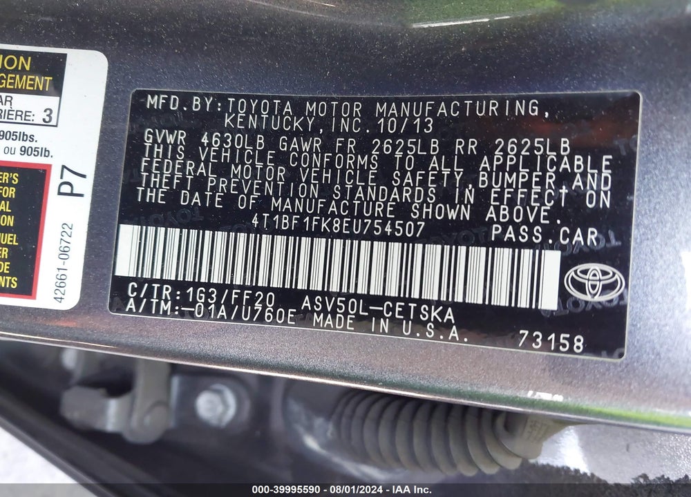 2014 TOYOTA CAMRY L/LE/SE/SE SPORT/XLE VIN: 4T1BF1FK8EU754507