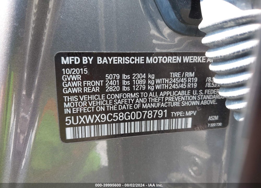 2016 BMW X3 XDRIVE28I VIN: 5UXWX9C58G0D78791