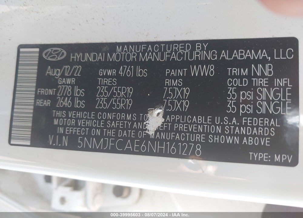 2022 HYUNDAI TUCSON SEL VIN: 5NMJFCAE6NH161278