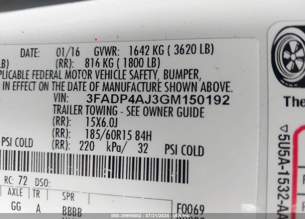 2016 FORD FIESTA S VIN: 3FADP4AJ3GM150192