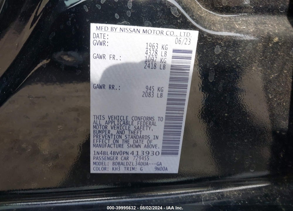 2023 NISSAN ALTIMA S FWD VIN: 1N4BL4BV0PN413930