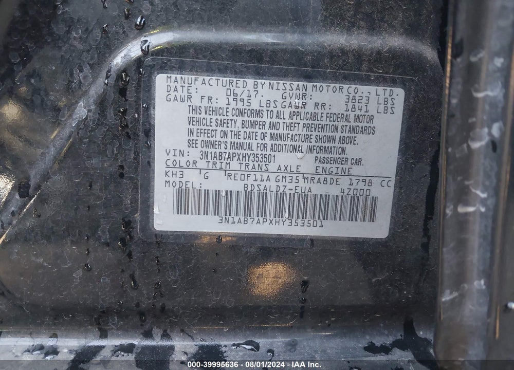 2017 NISSAN SENTRA SV VIN: 3N1AB7APXHY353501