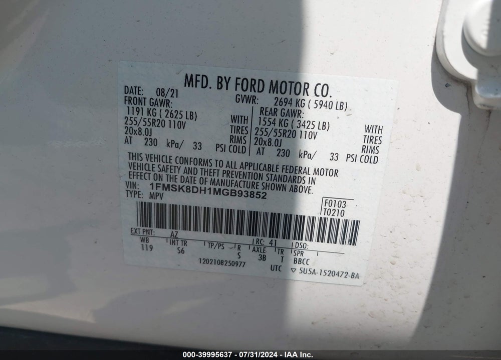 2021 FORD EXPLORER XLT VIN: 1FMSK8DH1MGB93852